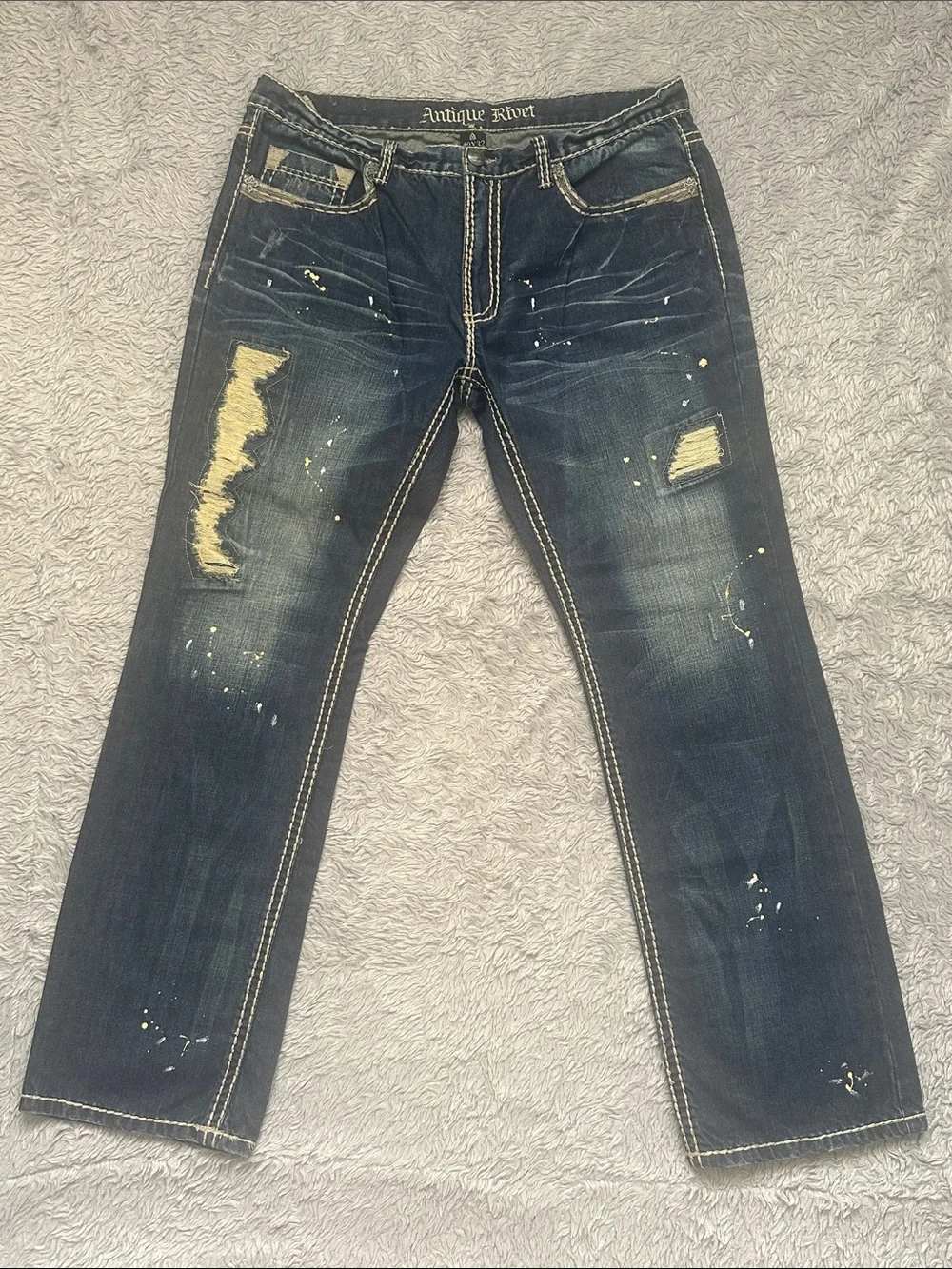 Antique Rivet Men's Dark Blue Distressed Slim Straight Jeans